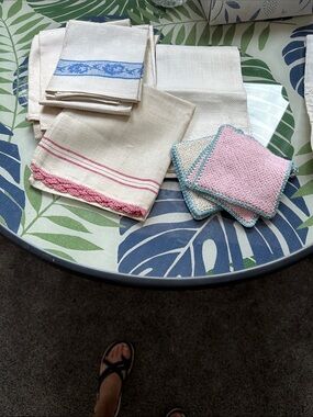 Classic Cotton Dish Towels and Knit Dishcloths - Pink and Cream